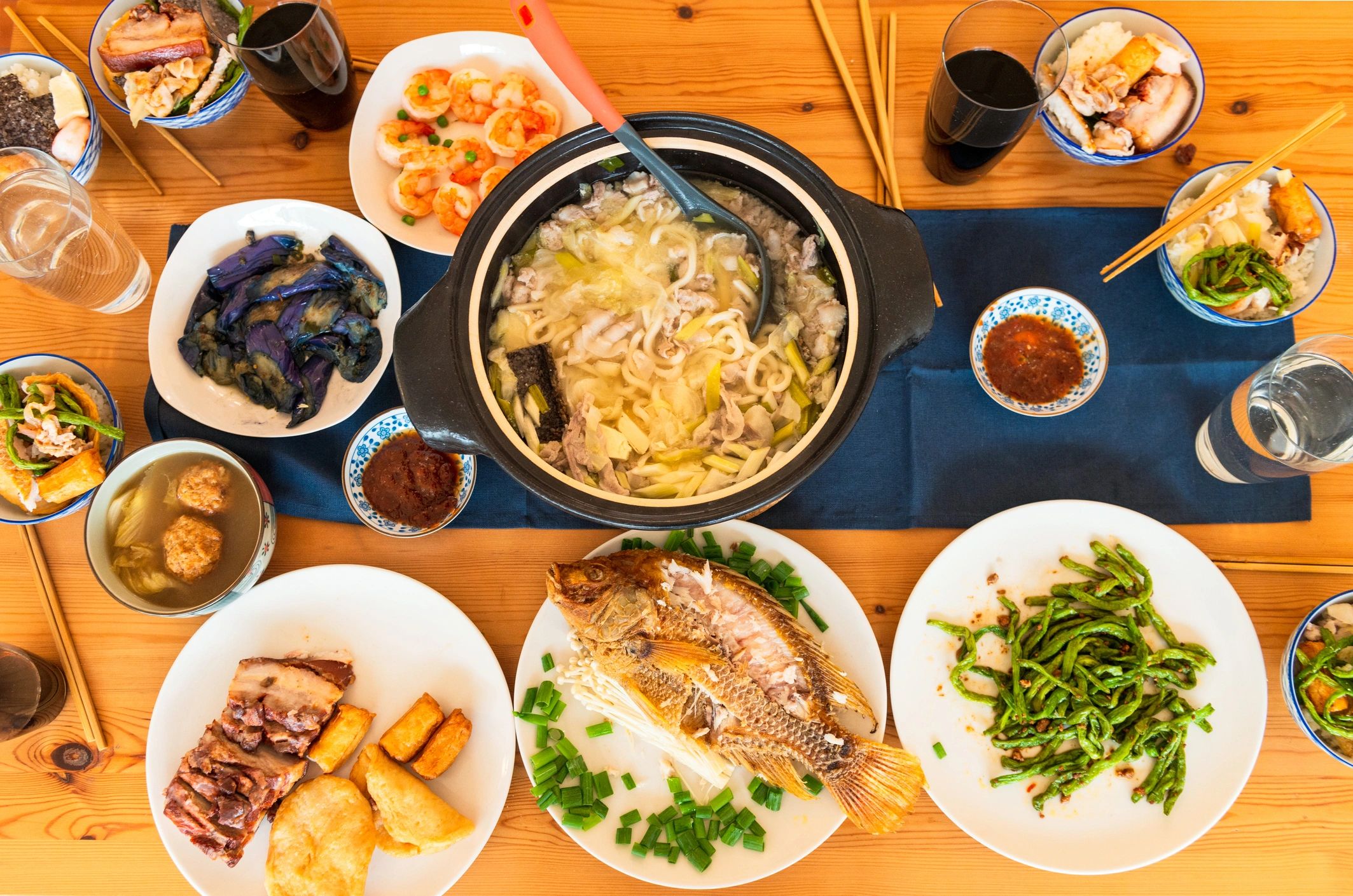 International family-style hotpot meal