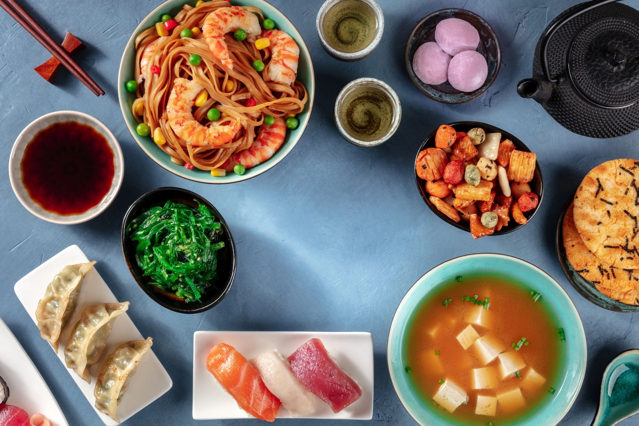Japanese dishes arranged on a table with copy space