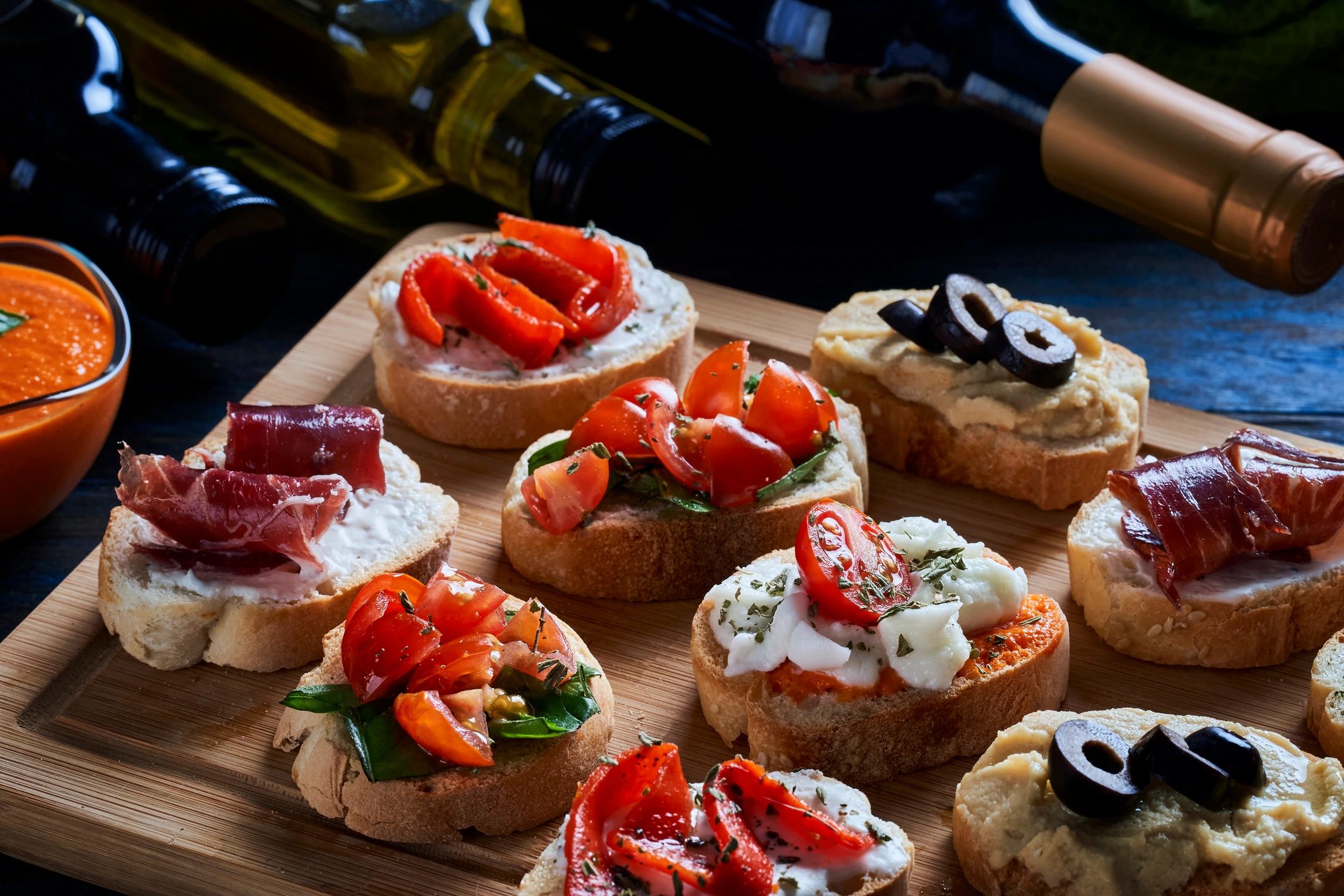 Mediterranean appetizer assortment on a board